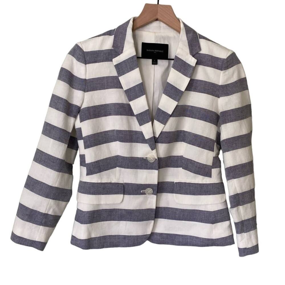 Banana Republic Women's Linen Blend Striped Blue White Nautical Blazer Jacket